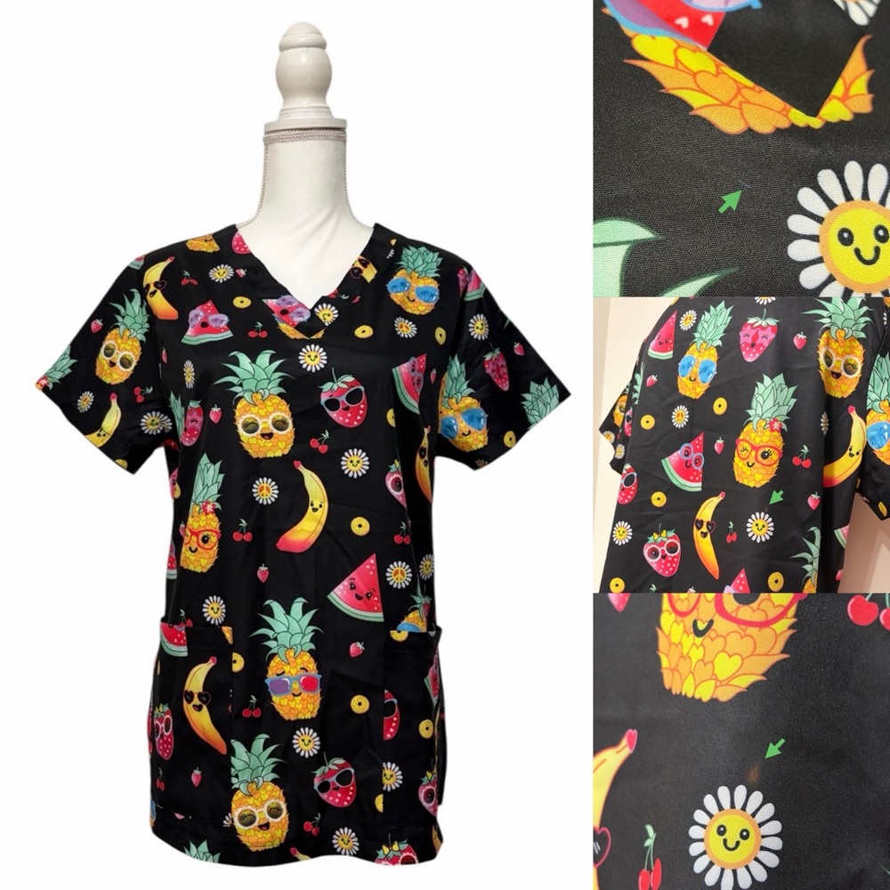 Tropical Summer Fruit Print Nursing Medical Scrub Top Women’s Large